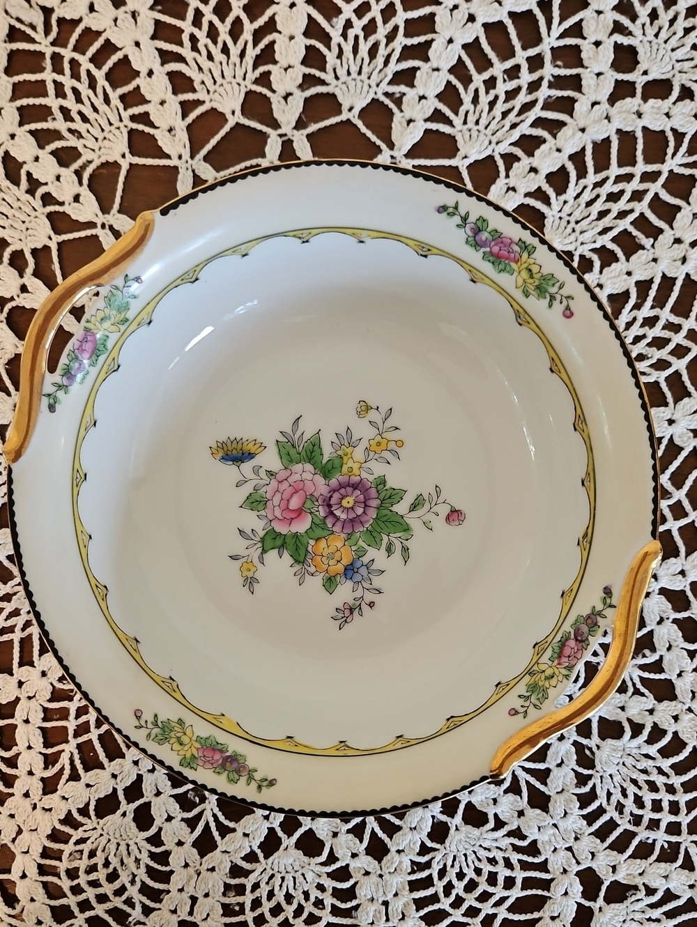 Vintage 1920s Noritake Hand Painted Floral 9.5" Serving Bowl Gold Handles Red M